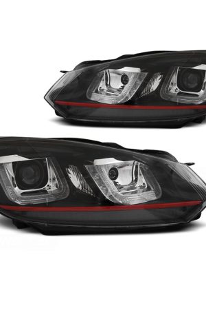 Coppia di fari DRL vera luce U-Type Volkswagen Golf VI 08-12 Neri con linea Rossa